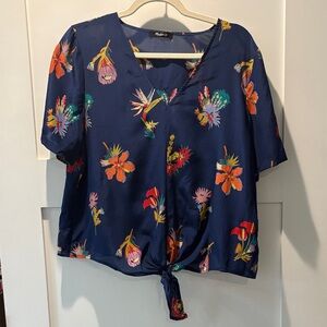 Madewell silk Navy Floral Tie-Front Blouse